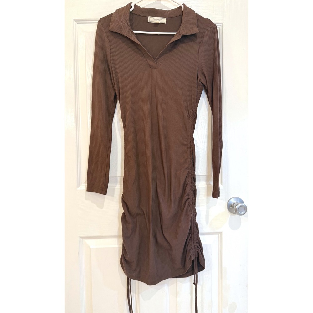 No Comment Brown Ribbed Long‎ Sleeve Mini Dress with Drawstring - L
